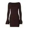 Moda Feminina Europeia e Americana Outono 2026 Nova Moda Cor Sólida Slim Fit Casual Elegante Gola Redonda Manga Longa Vestido com Babados