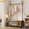Cabideiro de Chão Estilo Vintage, Rack de Armazenamento de Roupas para Quarto, Rack Integrado Móvel para Casa Móvel e Dormitório para Pernoite