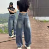 Jeans Retrô Americano Cimitarra Plus Size para Mulheres no Outono Gordo mm Figura Pera Cintura Alta Slim Reto Calças de Perna Larga