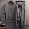 Outono Nova Montanha de Neve Moletom de Manga Longa Conjunto Masculino Fino Imitação de Algodão Gola Redonda Pulôver Tendência da Moda Marca d'Água Conjunto de Duas Peças