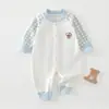 Macacão novo para bebê para primavera e outono, macacão xadrez patchwork 100% algodão com zíper frontal, roupa para passeio de recém-nascido