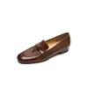 Mocasines Británicos Retro Camelia Zapatos Slip-on Piel de Vaca de Primera Capa Nueva Punta Redonda Zapatos de Tacón Bajo Plano para Mujer