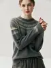 Suéter de Tricô Jacquard Color-Block Nórdico 35% Cashmere para Mulheres, Gola Redonda, Estilo Slimming e Lazy, Suéter Solto e Versátil