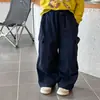 Pantalones Cargo de Pierna Ancha de Algodón Lavado para Niñas, Pantalones de Paracaidista Plisados para Niños, Pantalones Casuales de Algodón Lavado con Bolsillos y Estilo Patchwork