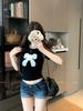 Camiseta de Manga Corta con Lazo Bordado para Mujer Verano Cuello Redondo Hombro Derecho con Gris Versátil Sexy Ajustada Top