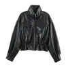 Chaqueta de cuero PU estilo americano con cuello alto para mujer, cintura con cordón, bolsillos grandes, corte holgado, otoño en stock 4749706