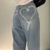 Jeans casuales sencillos de pierna ancha de cintura alta con forma de corazón estilo coreano para mujer, moda de otoño, pantalones elegantes 18252