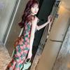Vestido Longo Plissado Cauda de Peixe com Estampa Floral e Mangas Vazadas, Decote V, Chiffon, Moda Feminina Transfronteiriça Nova Verão 3942