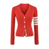 Cardigan Tricotado Tendência College Redutor de Idade Decote V de Botão Único para Mulheres Versátil Slim Fit Suéter de Manga Longa Color Block Quatro Listras