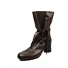 Moda botas altas marrones para mujer, con tacón grueso, diseño de cordones, efecto de tacón de bloque, punta redonda y tacón alto. Estas botas son adecuadas para todas las estaciones y se pueden usar como calzado de moda o como botas altas.