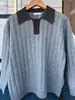 Suéter de cuello polo acanalado, con bloques de color y estilo vintage para hombre, ajuste casual y relajado, suéter de punto suelto para otoño e invierno