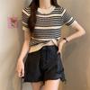Suéter Rayado de Contraste de Color Francés Diseño de Verano Sentido de Diseño Nicho Adelgazante Camisa Corta Camiseta de Manga Corta Top Ajustado para Mujer
