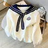 Suéter azul marinho de manga comprida para mulheres, novo estilo primavera e outono, corte solto, estilo universitário, único e estiloso, top doce de estudante, branco
