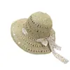 Chapéu de Palha Crochê Vazado de Verão Fita com Florzinha Verde Chapéu de Palha Artesanal Chapéu de Sol Casual de Férias para Mulheres Dobrável
