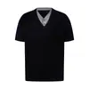 Camiseta de Punto de Manga Corta con Cuello en V Estilo Americano Falsa de Dos Piezas para Hombre, Verano Casual Estilo Callejero Color Ins Bloqueo de Color Pulóver