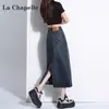 Saia Midi Jeans de Cintura Alta com Fenda Feminina Moda Primavera e Outono 2025 Versátil Nova Forma A Emagrecedora Saia para Quadril