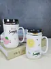 Taza de Cerámica con Tapa Cuchara Taza de Agua de Dibujos Animados Taza para el Hogar Taza de Pareja Hombre y Mujer Taza para Té de Oficina Regalo para Niña