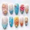 30 Piezas Uñas Portátiles de Verano Hechas a Mano Puras Exquisitas Estanque de Lotos Ojo de Gato Lunar Estilo Marino Tallado 3D Puntas de Uñas para Manicura