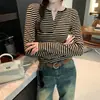 Camiseta de manga larga a rayas con bloques de color, estilo retro americano, color picante, para mujer, top básico ajustado, otoño e invierno 2026