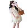 2026 Nuevo Estilo Coreano Bordado Lunares Patchwork Gasa Holgado Top Babydoll + Pantalones Cortos de Soporte para el Vientre de Maternidad
