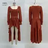 Marca Independiente 2025 Transfronterizo Europeo y Americano Casual de Manga Larga para Mujer Vestido Retro Occidental de Color Sólido (Sin cinturón)
