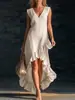 2026 Moda Romântica Sem Mangas Decote V Bainha Franzida Algodão e Linho Vestido Longo Transfronteiriço Europeu e Americano Amazon Novo
