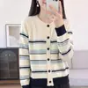 Colección de otoño/invierno para mujer 100% algodón puro transfronteriza: cárdigan de punto grueso a rayas, suéter de cuello redondo holgado para mujer
