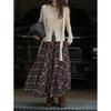 Estilo Nuevo de Otoño Retro Francés Elegante Falda a Cuadros con Dobladillo Grande Efecto Adelgazante Falda Larga Línea A para Mujer