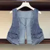 Chaleco Retro de Mezclilla Estilo Hong Kong Corto para Mujer Chaleco Ajustado 2025 Primavera y Otoño Nuevo Casual Cuello Redondo Exterior