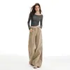 Jeans Laranja Infantil # Cáqui Casual de Perna Larga para Mulheres, Caimento Solto, Emagrecedor, Cobre o Quadril, Estilo Preguiçoso, Versátil, Calça Popular de Comprimento Total.