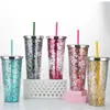 Copo de Plástico com Canudo de Camada Dupla com Pó Dourado 350/450ml Copo Publicitário Copo Sanduíche com Glitter Lantejoula Personalizado com Logo para Mulheres