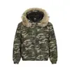 Yidao Vintage 2025 Inverno Novo Estilo Americano Marca da Moda Jaqueta de Voo de Algodão com Capuz Estampada Camuflada Gola de Pelo Removível Casaco Quente