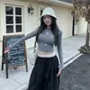 Crop top de otoño de manga larga con estampado retro americano y cuello redondo, estilo ins para mujer, corte ajustado y favorecedor