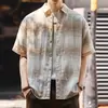Nova Camisa Masculina Manga Curta de Linho Gelo Estilo Old Money Masculina Verão Tendência Marca Solta Gradiente Tie-Dye Casual
