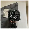 Bolso Cubo de Moda con Estampado de Lazo Lindo Lunares Dulce Bolso de Hombro Cruzado Cadena de Perlas Bolso con Cierre de Cuerda
