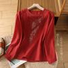 Foto Real de Camiseta Bordada de Estilo Étnico para Mulheres, Camiseta Leve de Gola Redonda para Primavera e Verão, Top Retrô Solto e Versátil para Mães