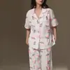 Pijama Floral Morado Estilo Ins para Mujer, Ropa de Casa de Verano de Manga Corta y Pantalón Largo, Conjunto de Cárdigan para Habitación con Aire Acondicionado de Primavera y Otoño, Estilo Delgado