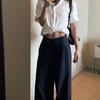 Pantalones Rectos Sueltos de Lino Azul Marino Finos de Verano para Mujer, Versátiles Pantalones Estrechos de Pierna Ancha Adelgazantes para Mujer