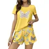 Shorts Curtos de Manga Curta Finos Europeus e Americanos Transfronteiriços para Mulheres, Pijama Respirável de Gola Redonda de Tamanho Grande para Exportação para Mulheres, Roupa de Casa Casual Fofa