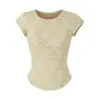 Camiseta Básica Redonda de Manga Corta Estilo Americano para Mujer, Top Transparente de Encaje Delgado para Verano