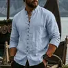 Nova camisa de linho de outono transfronteiriça da Amazon, de manga comprida, gola alta, respirável, casual masculina, novo estilo chinês com bolso