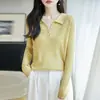 Suéter de tricô feminino com gola polo, caimento justo, pulôver versátil de manga longa em tricô fino, top cinza elegante