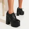 Zapatos de Moda para Mujer Talla 35-46, Zapatos Bajos de Piel con Cordones, Plataforma Impermeable con Tacones Super Altos para Mujer, Charol, Tacones Cuadrados Negros