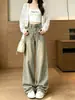 Pantalones Vaqueros Jacquard Cruzados Retro Americanos Desgastados para Mujer Otoño Nuevos Tallas Grandes Cintura Alta Sueltos Adelgazantes Pierna Ancha