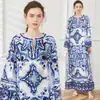 Comercio exterior mujeres tiro real posicionamiento estampado retro cuello redondo abertura manga larga vestido personalidad falda suelta