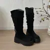 Botas de montar para mujer, elegantes, de suela gruesa, hasta la rodilla, tejidas, que aumentan la altura, de caña alta, plisadas, para personas menudas