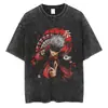Streetwear Japonês Masculino Vintage Lavado Preto Camiseta Anime P