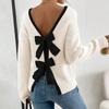 Suéter de Otoño e Invierno Transfronterizo Europeo y Americano para Mujer Amazon Moda Parte Trasera con Lazo Cuello Redondo Jersey de Punto Superior para Mujer