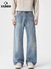 Muxi Ropa Vaqueros Americanos Retro Desgastados para Hombre, Pantalones de Pierna Recta para Otoño, Sueltos, Adelgazantes, de Longitud al Suelo, Estilo Ins