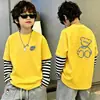 Camiseta de manga larga para niño, top infantil 100% algodón, colección otoño 2026, informal, con rayas, patchwork, imitación de dos piezas, capa base para niños mayores